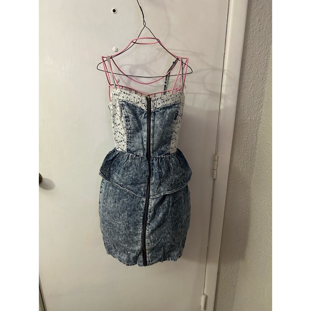 Mimi Chica Exposed Zip Front Peplum Lace Denim Dress 80s Y2K Retro S Coquette